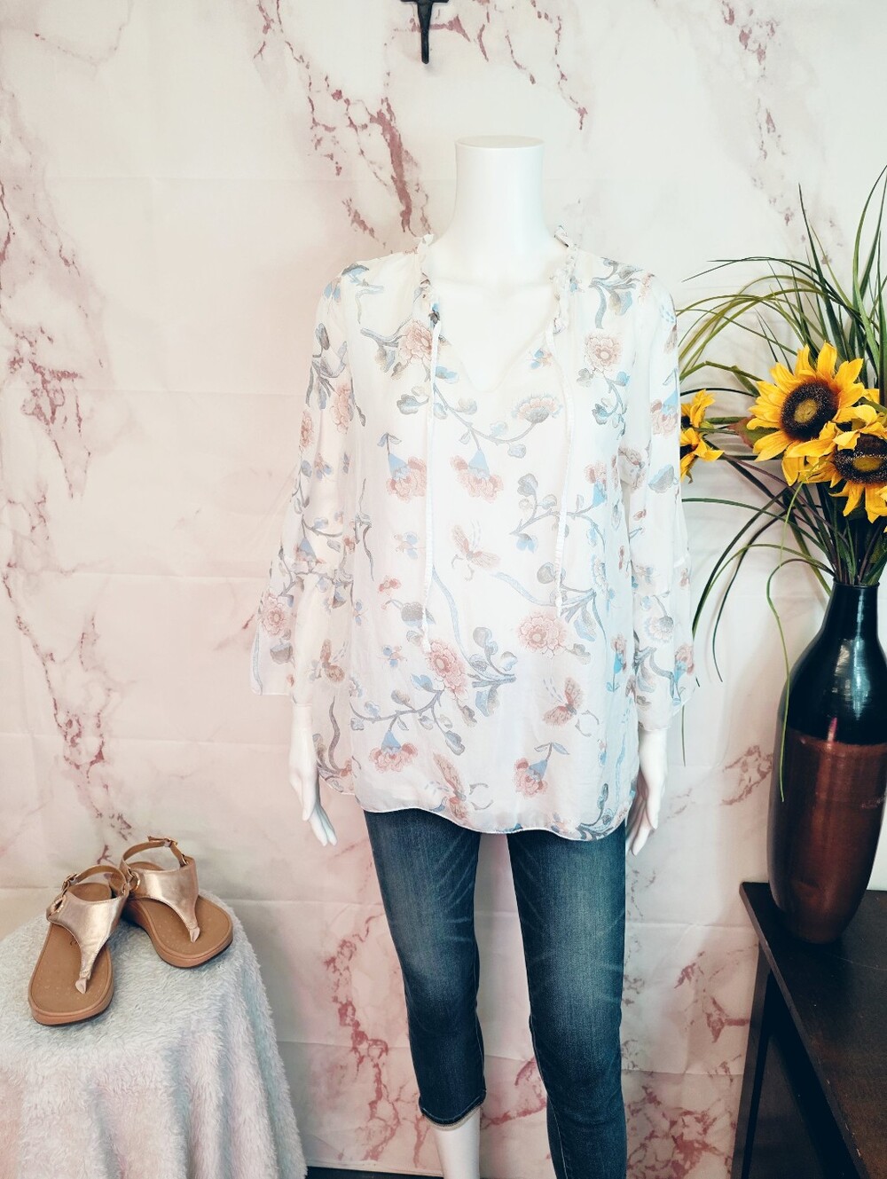 Angela Moda Made in Italy 100% Silk Floral Blouse Top L - Picture 3 of 8